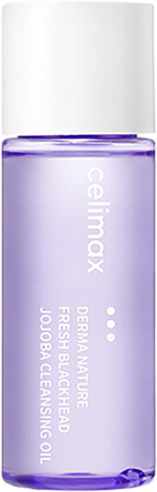 Eine lilafarbene Flasche mit Cellmax Derma Nature Fresh Blackhead Jojoba Cleansing Oil und weißem Verschluss.