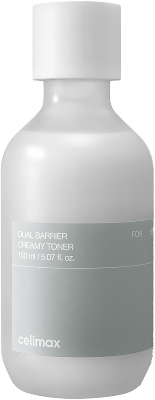 White bottle of creamy toner with gray label and white cap. Text shows brand Celimax and product details.