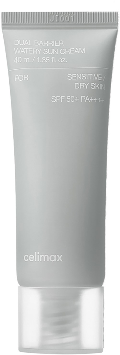 Eine weiße Tube Wasser-Sonnencreme mit SPF 50+ für empfindliche, trockene Haut von Celimax.