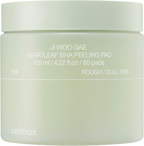 Grüner Behälter für Ji Woo Gae Heartleaf Bha Peeling Pad bei grober Haut, enthält 125 ml oder 60 Pads.