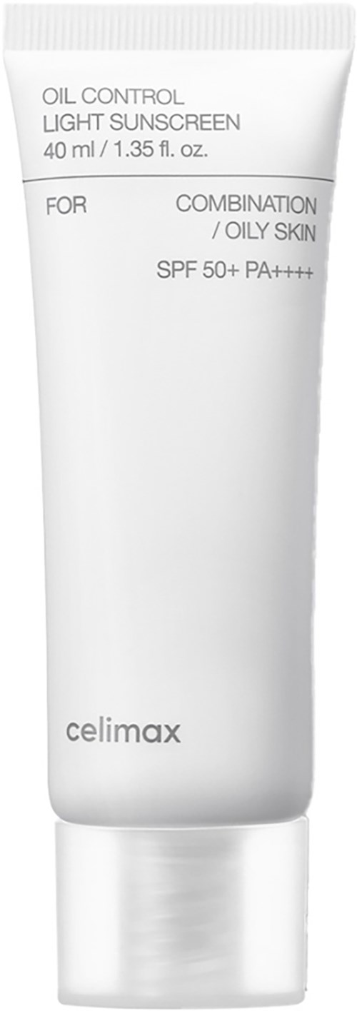 A white tube of oil control light sunscreen with SPF 50+ for oily skin. The brand is Celimax.
