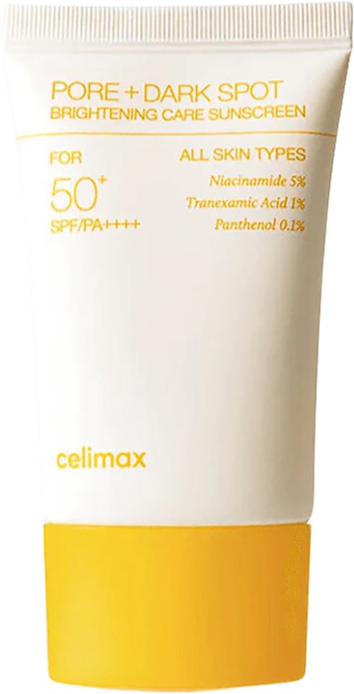 Hvit og gul tube med solkrem merket for porer, mørke flekker og lysning, med SPF 50+.