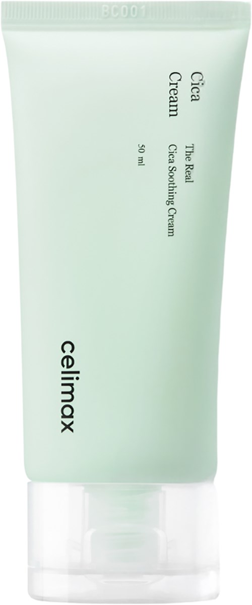 Eine hellgrüne Tube mit Gesichtscreme, beschriftet Celimax, The Real Calm Blemish Cream, 50 ml.