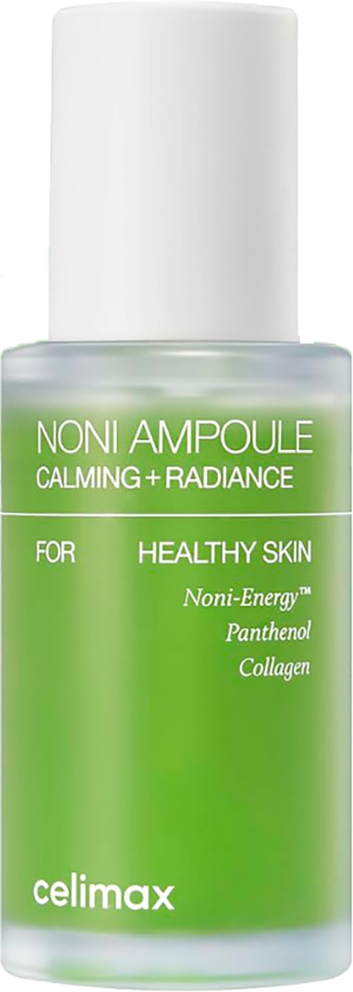 Grön flaska märkt Noni Ampoule för lugn och lyster, innehåller ingredienser som panthenol och kollagen.