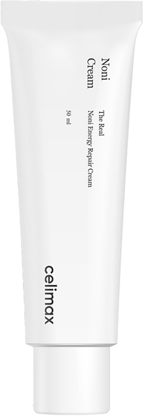 Een witte tube met huidverzorgingscrème met zwarte tekst, gelabeld Noni Cream en merk Celimax.