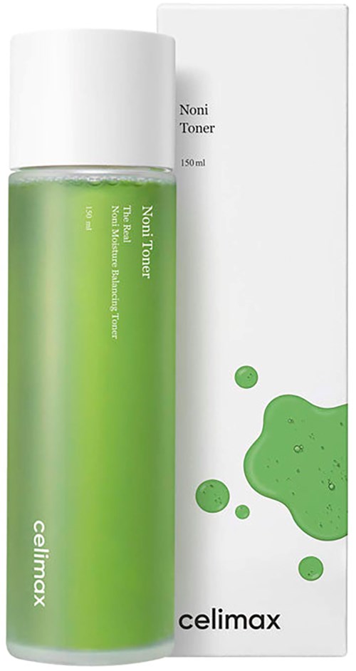Eine grüne Flasche Noni-Toner neben weißer Verpackung mit grünen Flüssigkeitsspritzern.