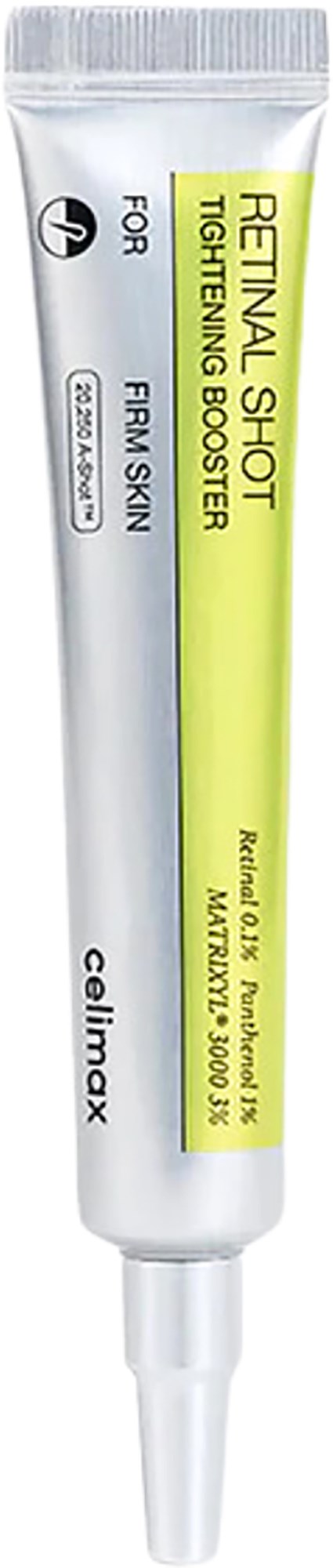 A white tube labeled RejuvaShot for skin, with yellow and black text, and a white applicator tip.