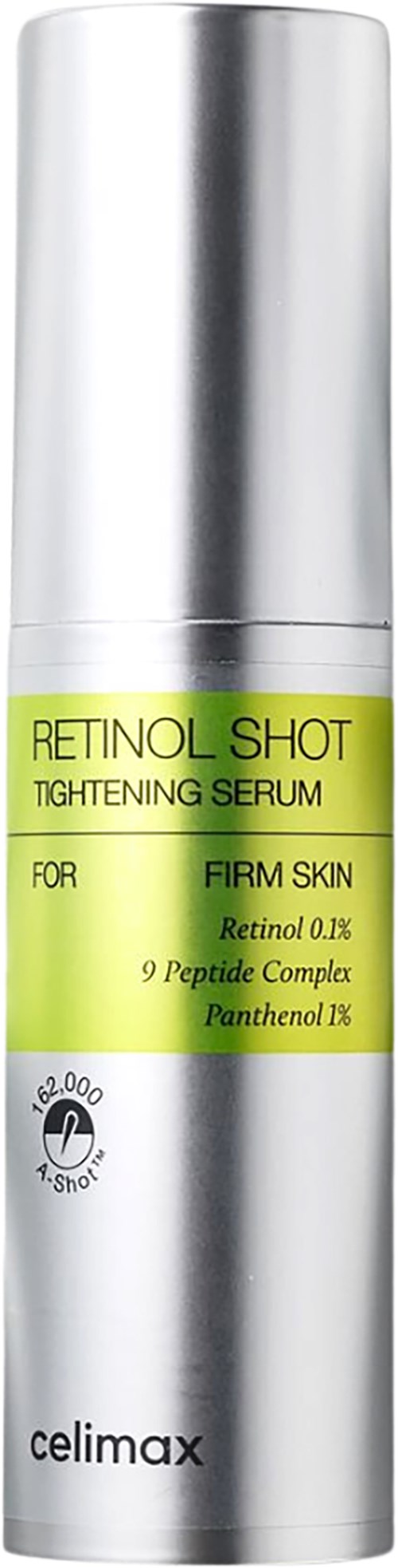 Eine silberne Flasche mit der Aufschrift Retinol Shot für feste Haut mit Inhaltsstoffen wie Retinol, Peptid und Panthenol.