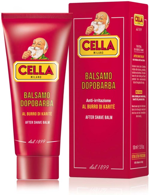 Red tube and box with a bearded man, product name Cella, after shave balm, Italian language text.