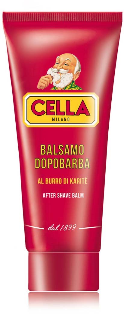 Red tube of after shave balm with Santa Claus and Cella Milano logo, text in Italian about its ingredients and use.