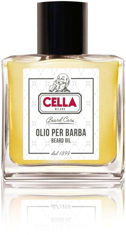 A bottle of beard oil with a black cap, label says Cella Milano, Beard Care, beard oil, simple design.