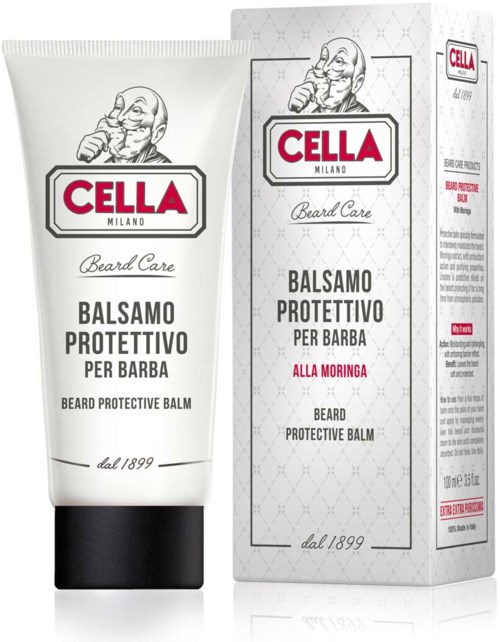 A tube of beard balm and its box, branding with a man with a beard, Italian and English text about protective beard care.