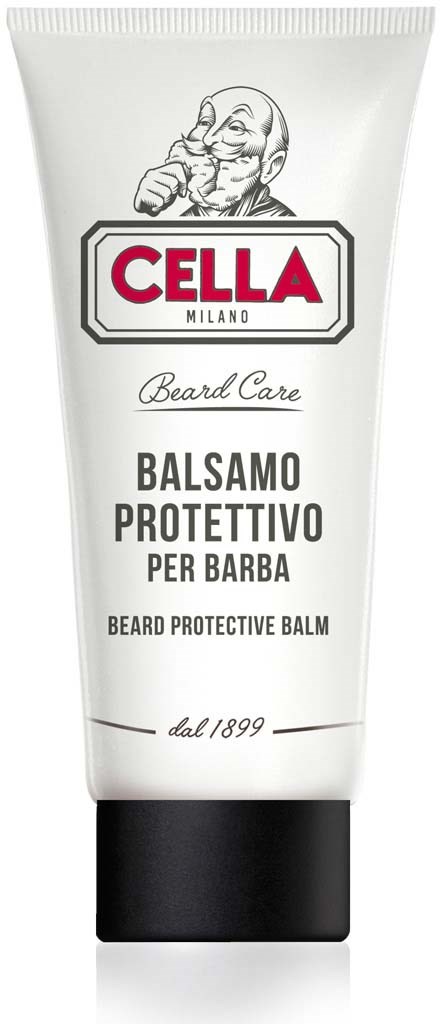 A white tube with black cap, labeled Cella Milano Beard Care, offers beard protective balm, featuring a logo of a bearded man.