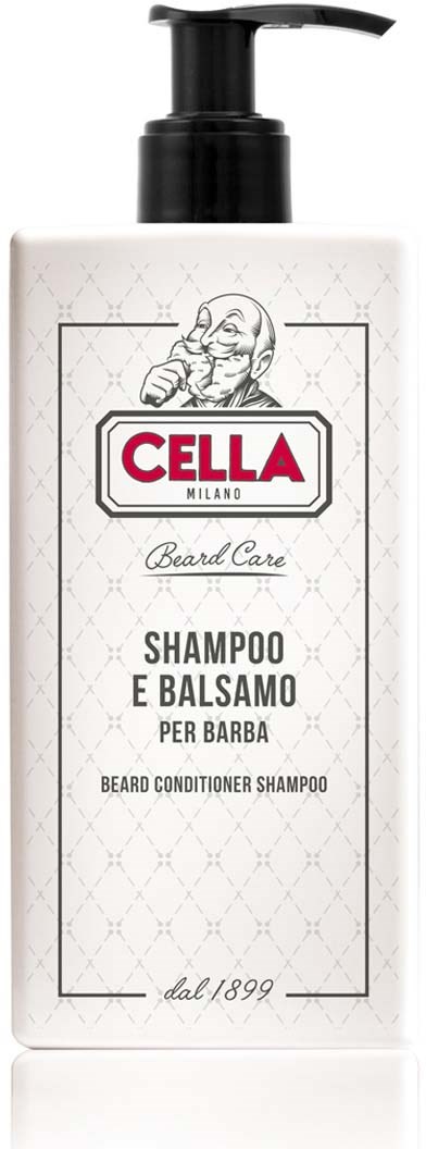 A white bottle with a black pump labeled Cella Milano beard care shampoo and conditioner.