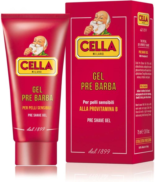 A red tube and box of pre-shave gel featuring a bearded man with a white beard, and yellow, red, and white text.