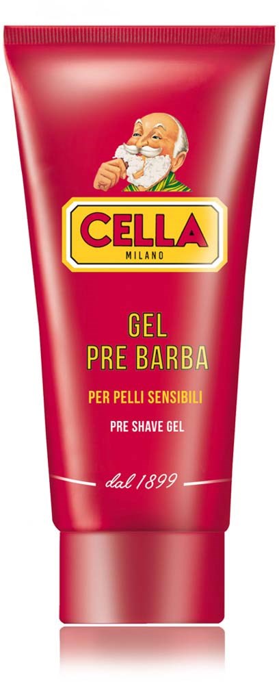 A red tube of pre-shave gel with Santa's face, the name 'CELLA,' and details about sensitive skin.