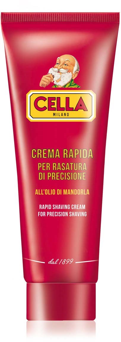 A red tube of Cella Milani shaving cream, with an image of Santa Claus, text in Italian and English.
