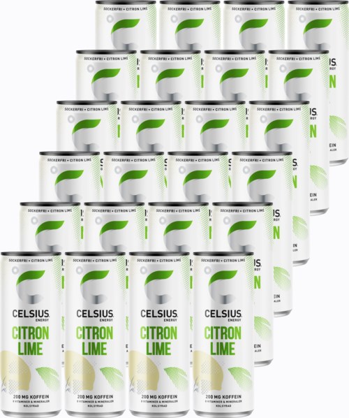 Multiple cans of Celsius energy drink with citrón-lime flavor, showing green and silver designs, stacked together.