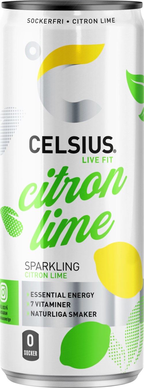 A can of Celsius sparkling water with lemon and lime flavor, green and yellow design elements, and health benefits listed.