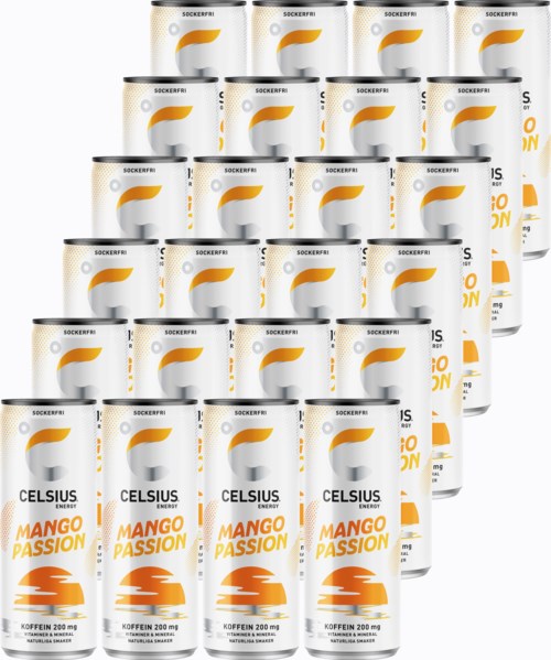 Multiple cans of Celsius Mango Passion energy drink arranged in a pyramid. Bright packaging with orange and white colors.