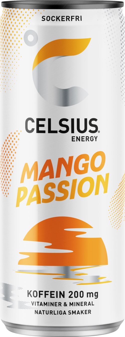 A white energy drink can with orange and yellow text, a logo, and a stylized sunset drawing. It mentions mango passion flavor.
