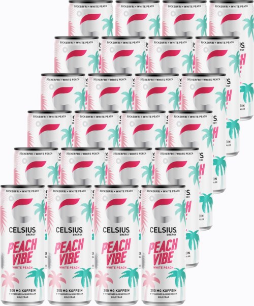 Multiple cans of Celsius Peach Vibe energy drink with pink and teal design. Features a palm tree and wave graphic.