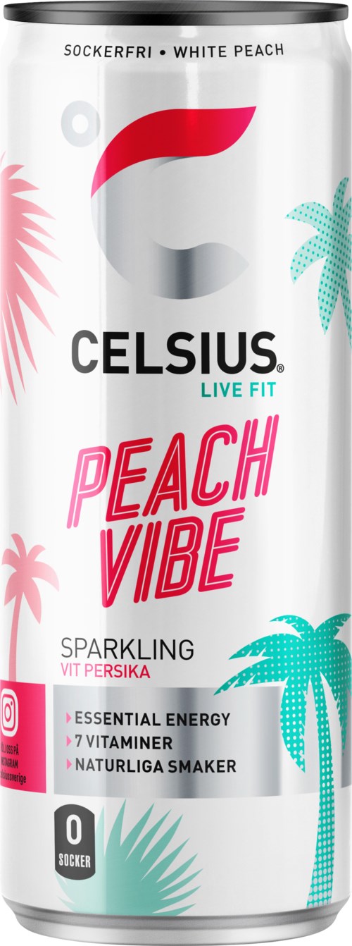 Cans of Celsius Peach Vibe sparkling drink with palm trees and bright colors. Contains vitamins and energy. No sugar.