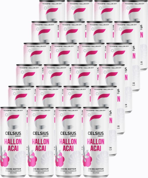 A group of energy drink cans labeled 'Celsius' with perceptions of acai flavor and pink accents.