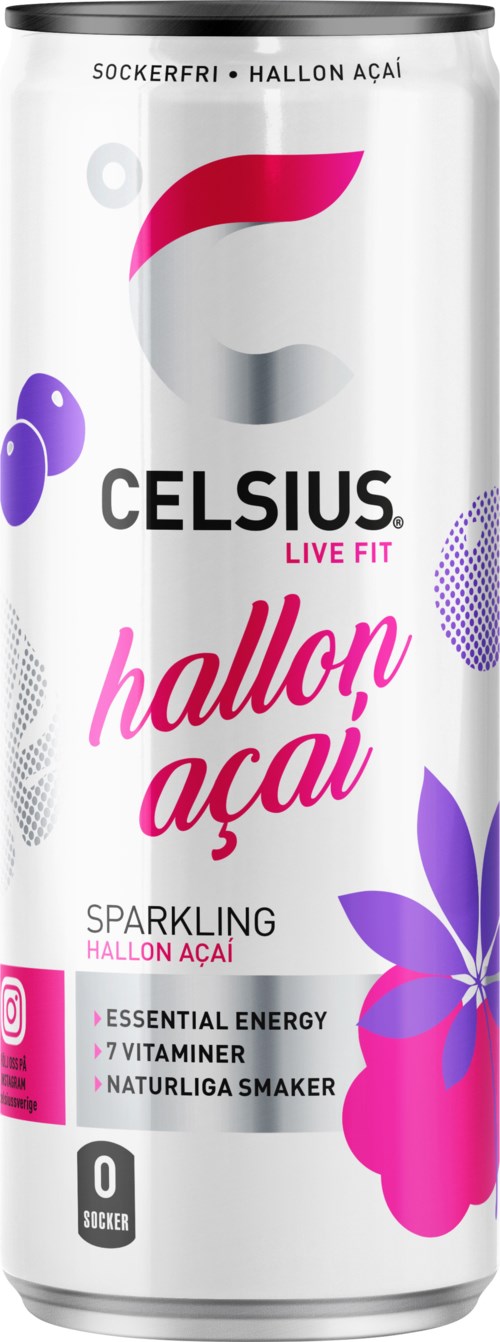A can of Celsius sparkling drink with pink and purple flower design, and text in various fonts about its flavor and benefits.