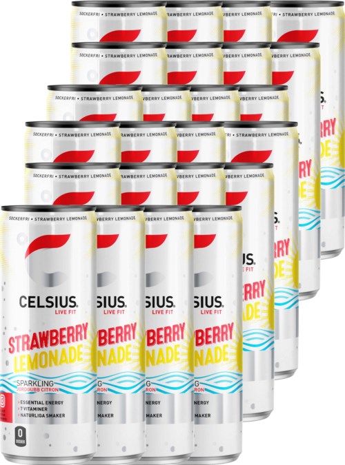 14 cans of Celsius Strawberry Lemonade sparkling drink with blue and yellow waves design.