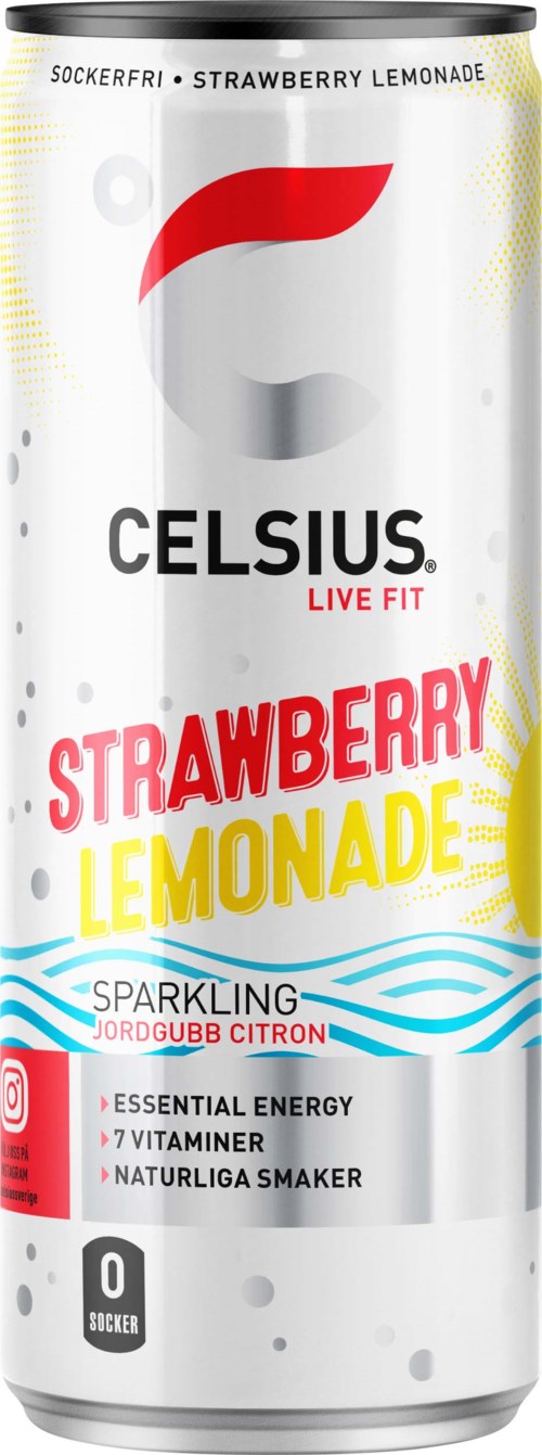 A can of Celsius Strawberry Lemonade sparkling drink with sun, waves, and bright colors on it.