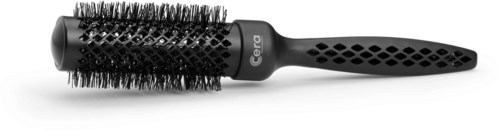 A round black hairbrush with a long handle and bristles. It has a lattice design around the bristle area.