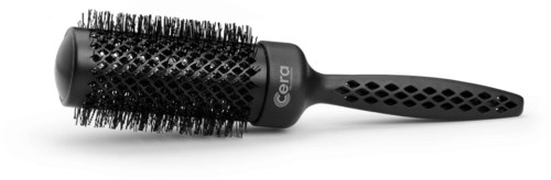 A black round hairbrush with a handle, with bristles and a patterned grip.