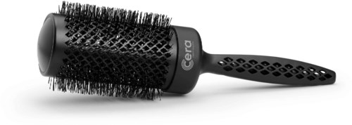 A round hairbrush with a black handle and barrel, covered in small bristles, used for styling hair.
