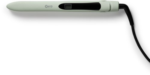 A white digital device with a small screen and a black handle attached by a cord.