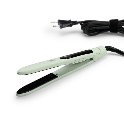 A flat iron hair styling tool with a power cord, white and black plates, and control buttons.