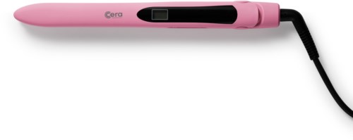 Een roze haarstijlijner met een zwarte kabel en digitale display.