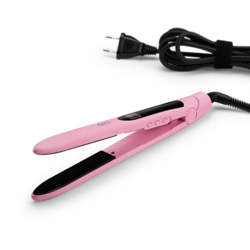 Een roze haarstijltang met knoppen, een zwarte draad en stekker, geplaatst op een witte achtergrond.