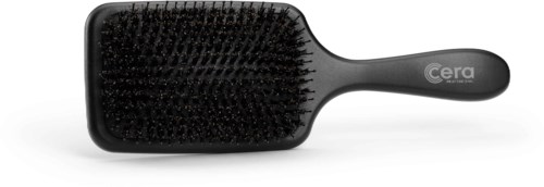 A black hairbrush with a long handle and bristles, branded with Cera.