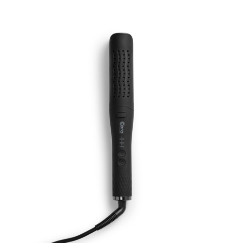 Een zwarte verwarmde haarstylingtool met lange handgreep, knoppen en een snoer onderaan.