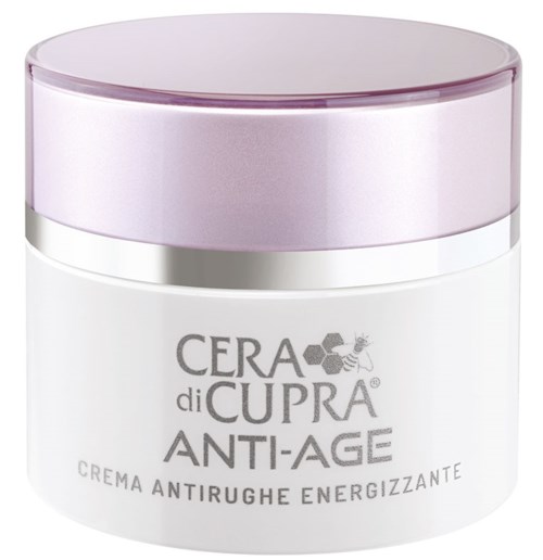 En vit burk med rosa lock, märkt 'CERA di CUPRA ANTI-AGE', en kräm för anti-aging och energigivande effekter.
