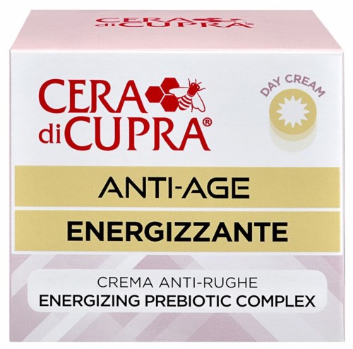 En vit och rosa box av Cera di Cupra anti-age-kräm, med en bi-logga och text om energigivande och probiotika.