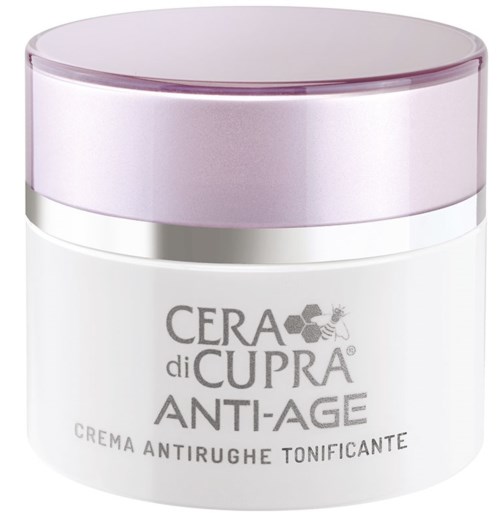 Ett litet glas med anti-aging ansiktskräm, rosa lock och vit behållare. Etiketten har varumärket och produktinformationen.