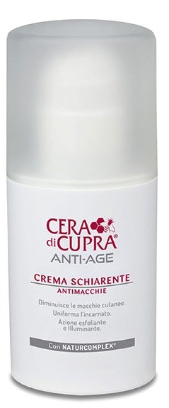 En vit flaska med Cera di Cupra Anti-Age-kräm för hudvård. Etiketten är mest vit med röd och svart text.