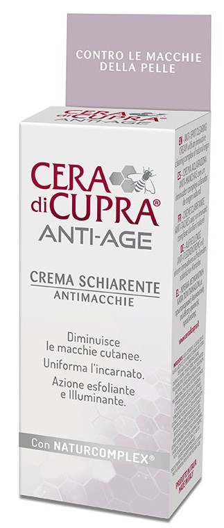 En vit box för anti-aldringskrem med lila detaljer, visar produktnamn, fördelar och ingredienser på italienska.