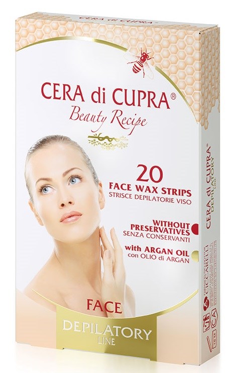 En box med CERA di CUPRA ansiktshårstrips med en bild av en kvinna och information om ingredienser och egenskaper.