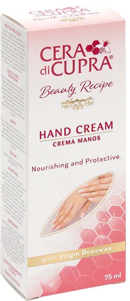 En rosa och vit förpackning för Cera di Cupra handkräm med honung och bivax, visar en handbild och produktinformation.