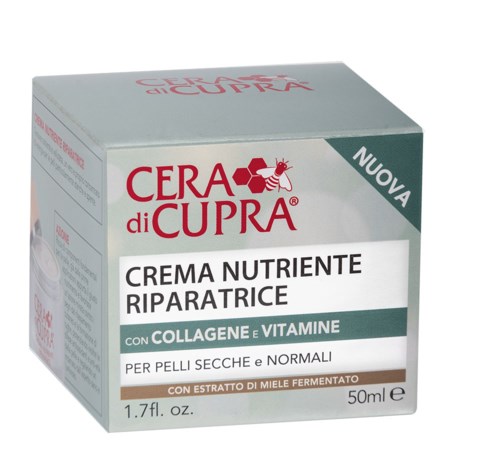 En förpackning märkt 'CERA di CUPRA' med ansiktskräm för torr hud, innehåller kollagen och vitaminer, 50 ml, nytt produkt.
