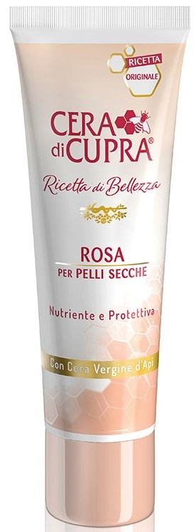 En rosa och vit tub med hudvårdsgrädde för torr hud med doft av ros, närande och skyddande. Italienskt märke Cera di Cupra.