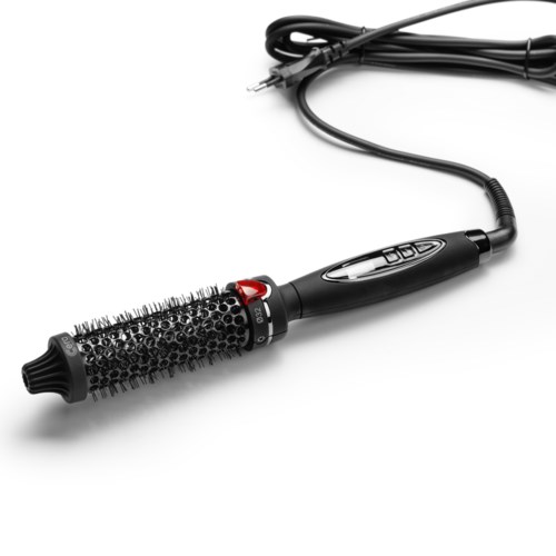 Eine schwarze beheizbare Haarbürste mit langem Kabel, Knöpfen und rotierendem Bürstenkern.